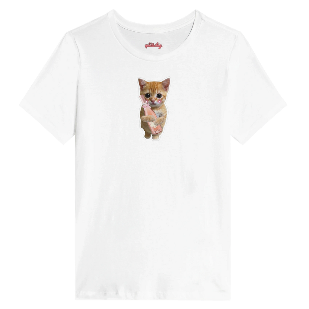Rosé Kitty Tee – white graphic tee with a cute kitten holding a bottle of rosé