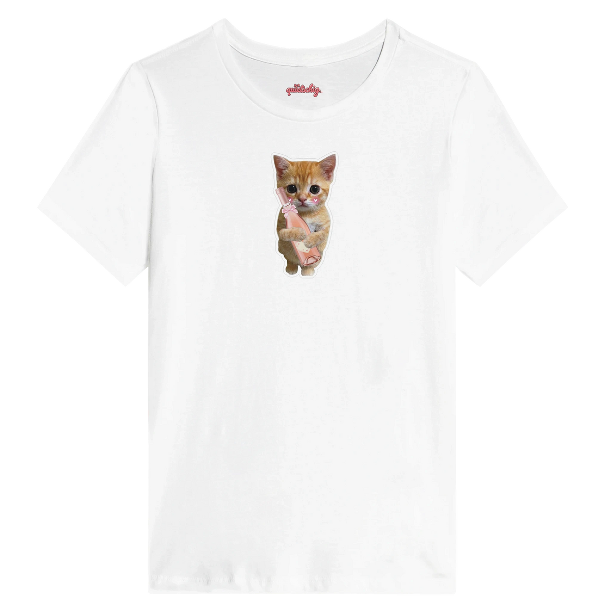 Rosé Kitty Tee – white graphic tee with a cute kitten holding a bottle of rosé
