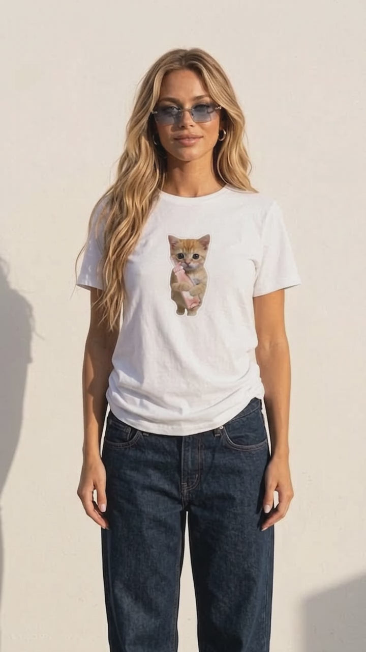 Rosé Kitty Tee worn with baggy jeans – 360° view